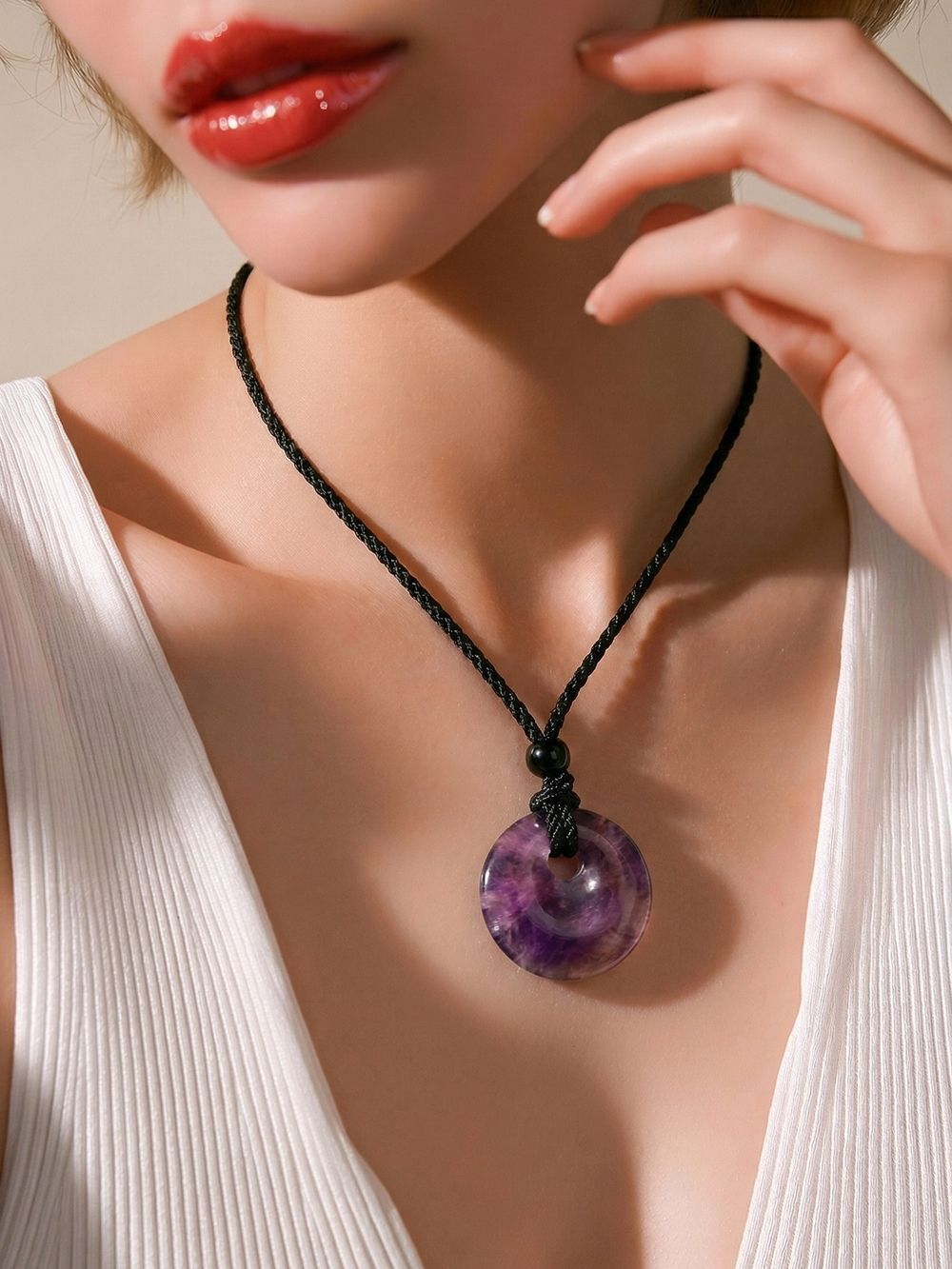 Amethyst Donut Pendant Necklace Purple Genuine Crystal Stone Cord Adjustable